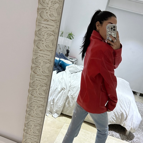 Red Boxy Pleather Coat - Picture 3 of 9